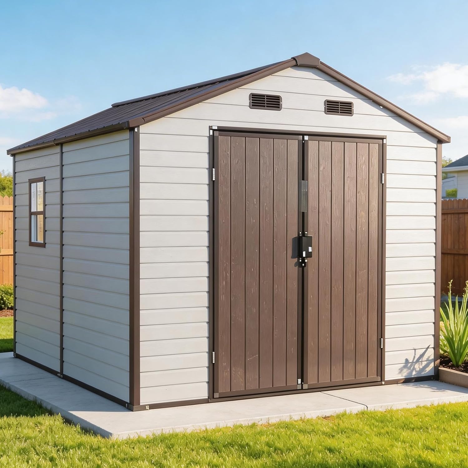 Close-up of FammyLoft 8x8 resin shed review showing aluminum frame and thick resin panel seams for durability assessment
