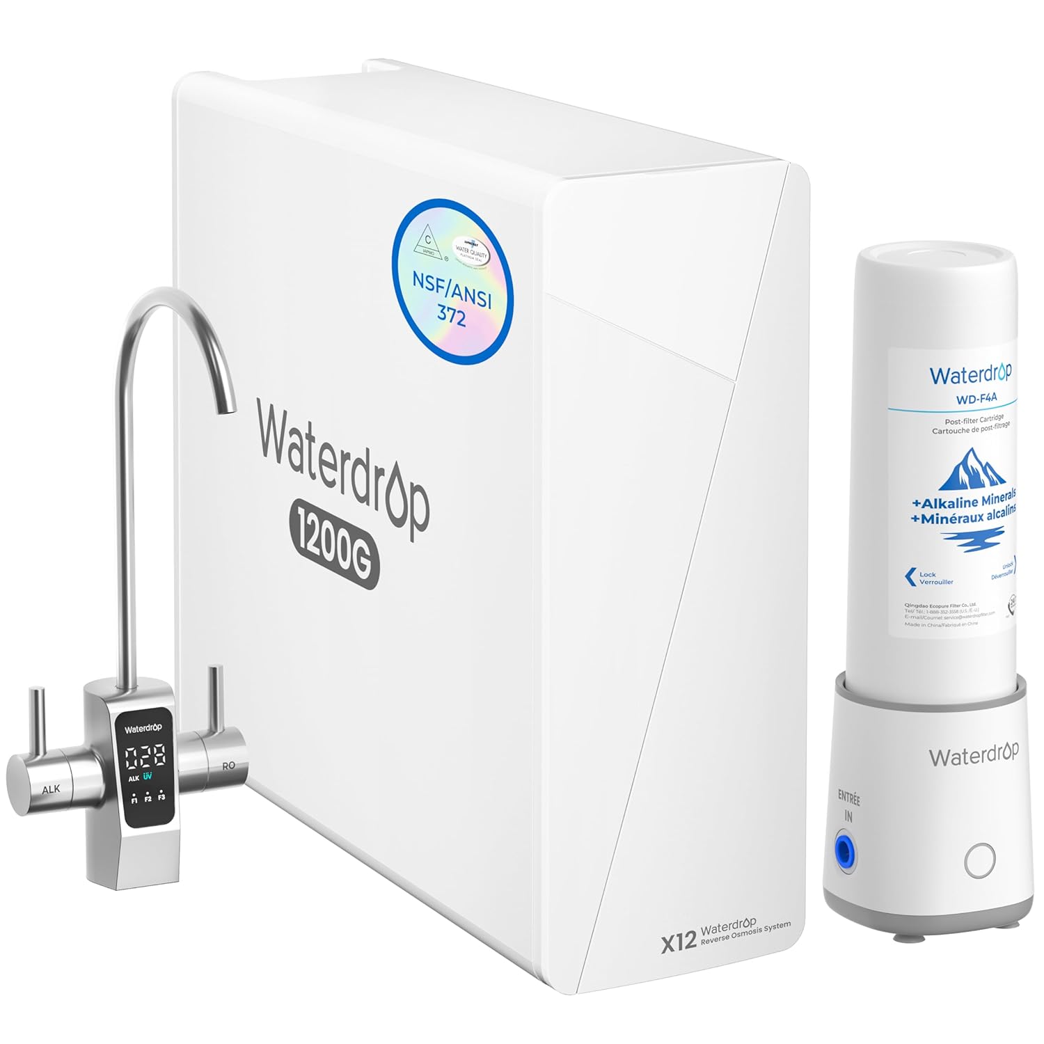 Waterdrop X12-Plus review — unboxing contents showing the main unit, filters, and smart faucet